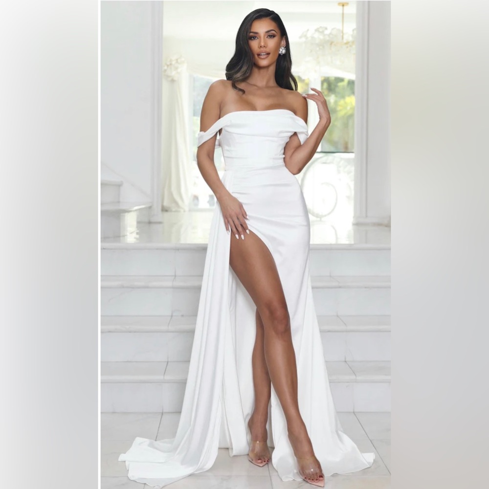 Amelie, off the shoulder white gown with high slit